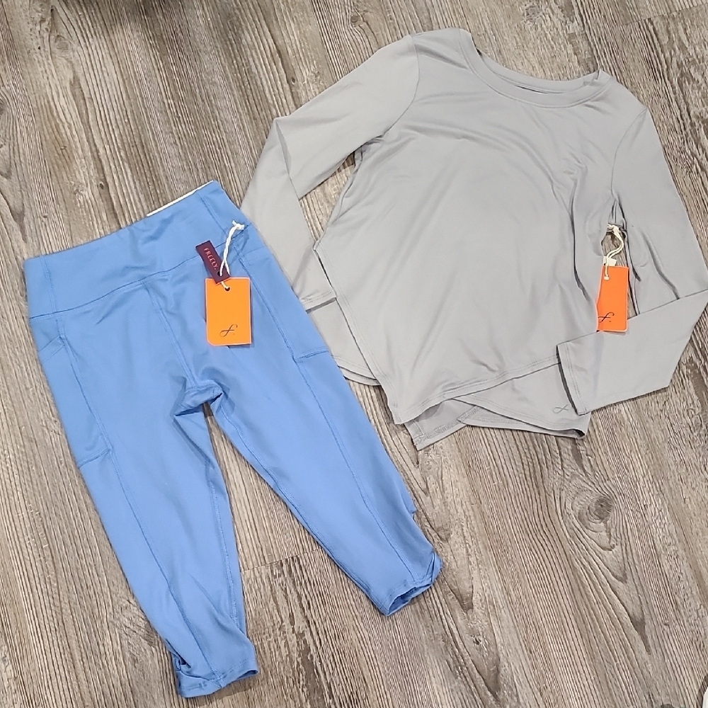 Freely Gray Long Sleeve Top & Blue Cropped Leggings Set